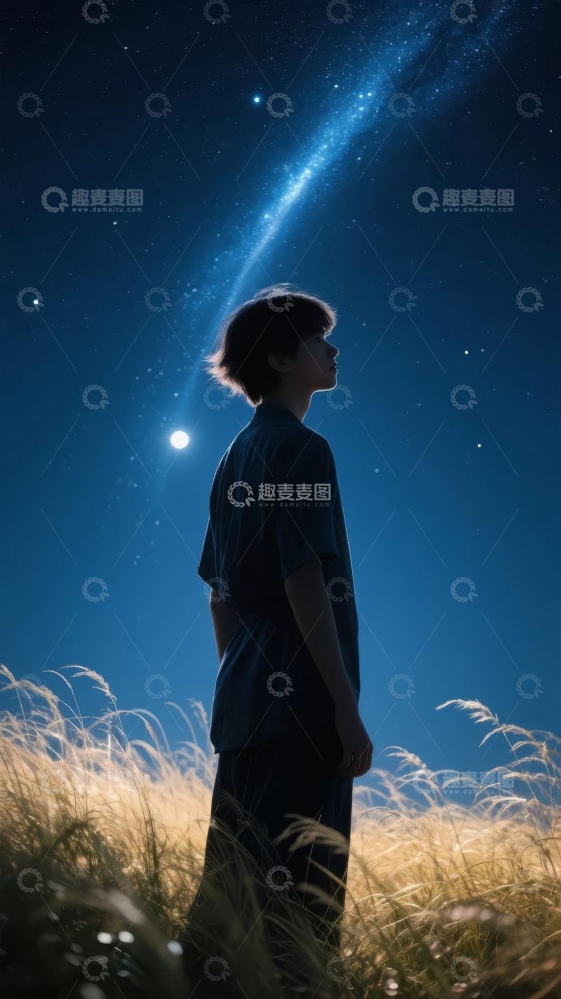 高清大图下载【趣麦麦图】夜空下金黄色草丛中仰望流星的剪影