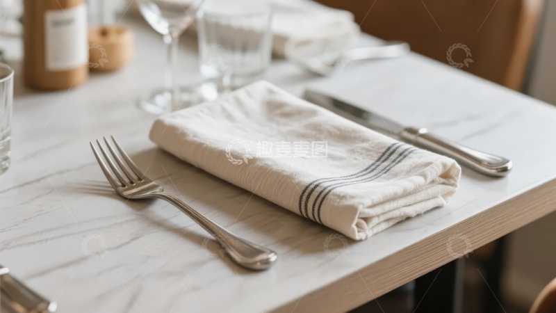 高清大图下载【趣麦麦图】餐厅餐桌上的餐具与折叠餐巾