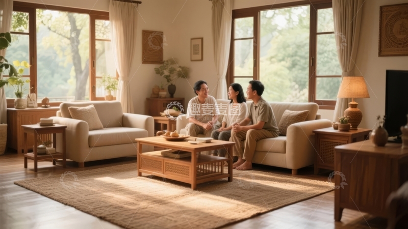 高清大图下载【趣麦麦图】三人坐在明亮客厅沙发上享受温馨时光