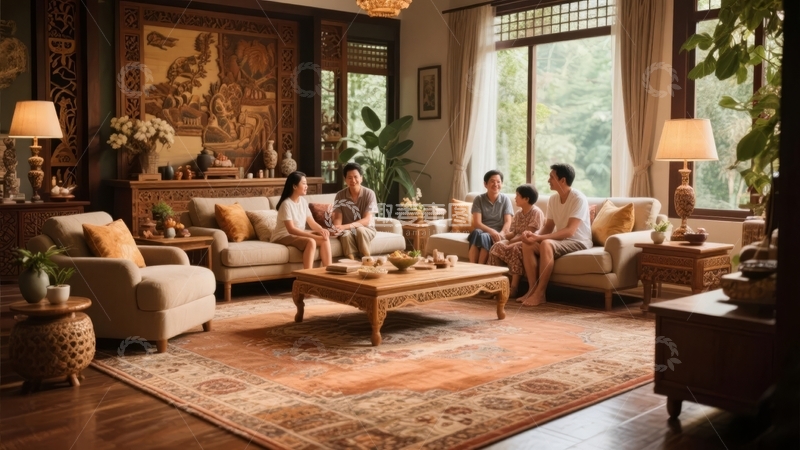 高清大图下载【趣麦麦图】一家人在温馨的中式客厅里围坐交谈