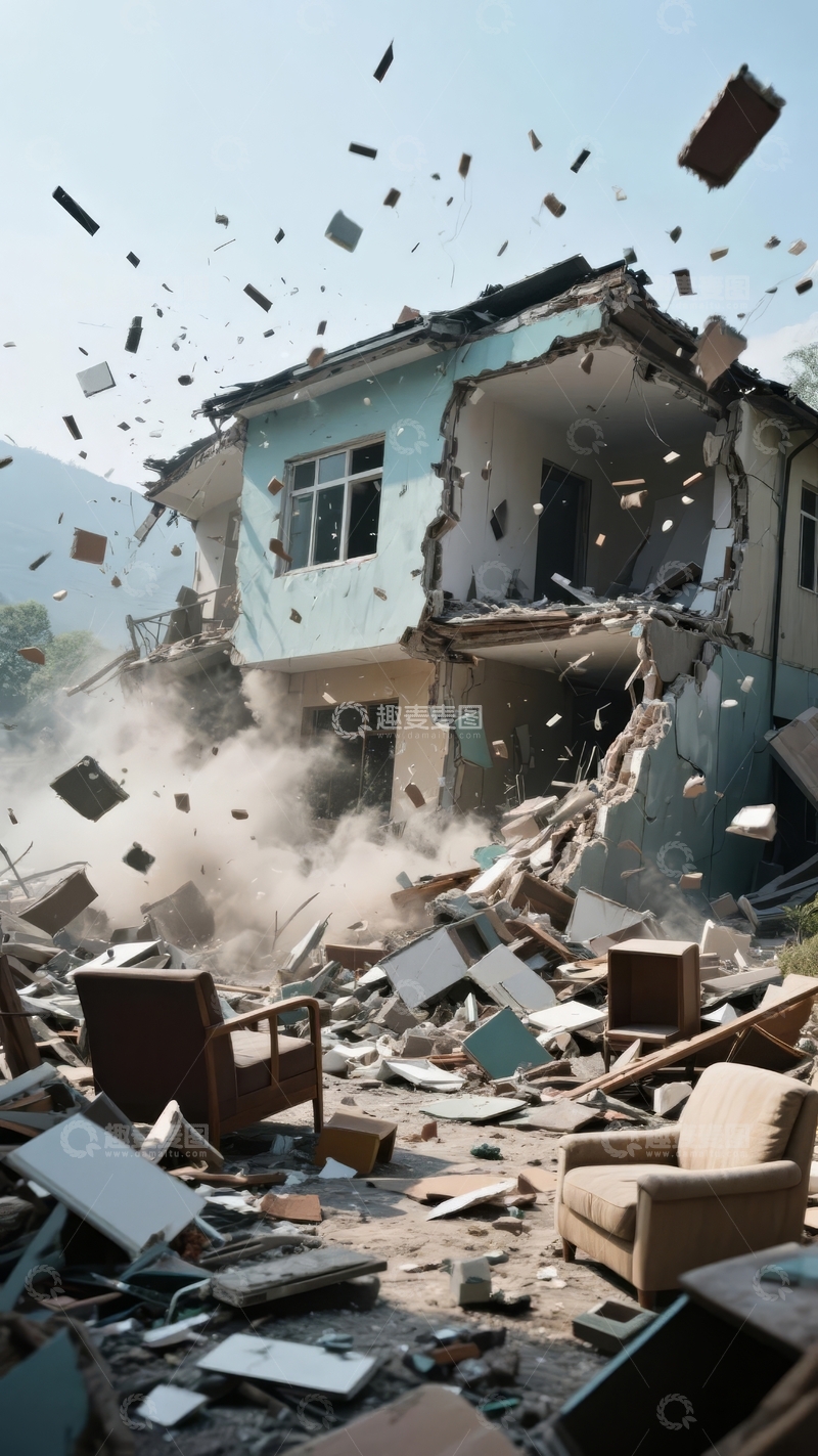 高清大图下载【趣麦麦图】房屋坍塌瞬间碎片飞溅室内家具散落