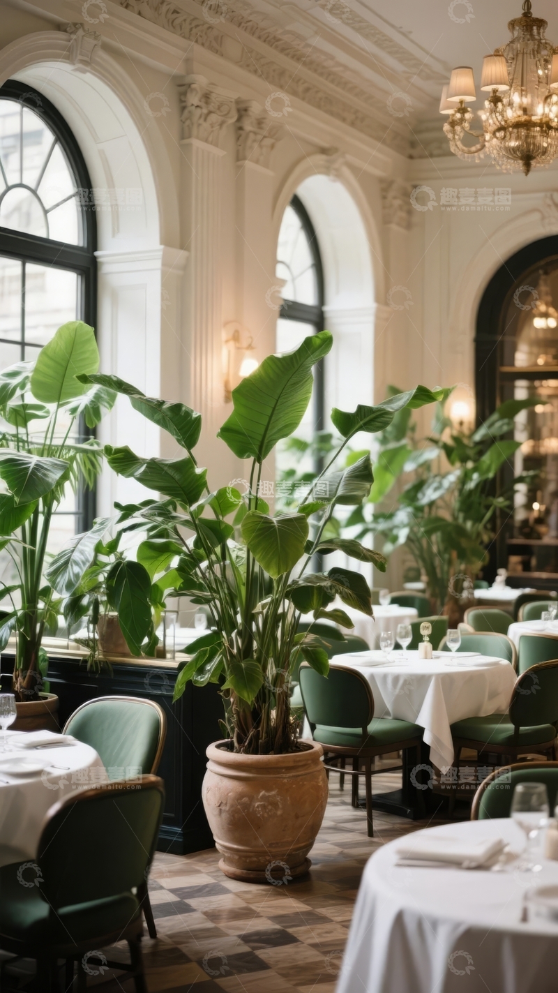 高清大图下载【趣麦麦图】豪华室内餐厅装饰有大型绿植和古典吊灯