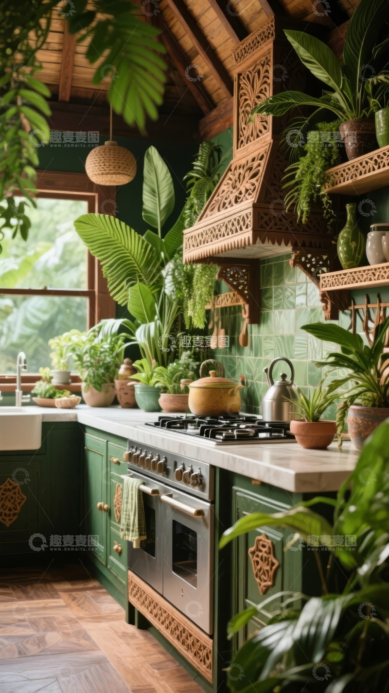 高清大图下载【趣麦麦图】绿意盎然的厨房装饰着茂盛植物和木质元素