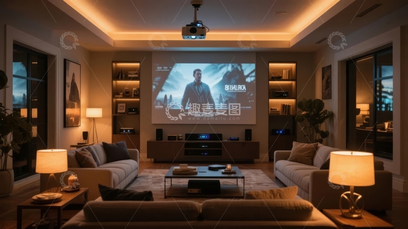 高清大图下载【趣麦麦图】现代客厅中投影仪播放电影的温馨场景