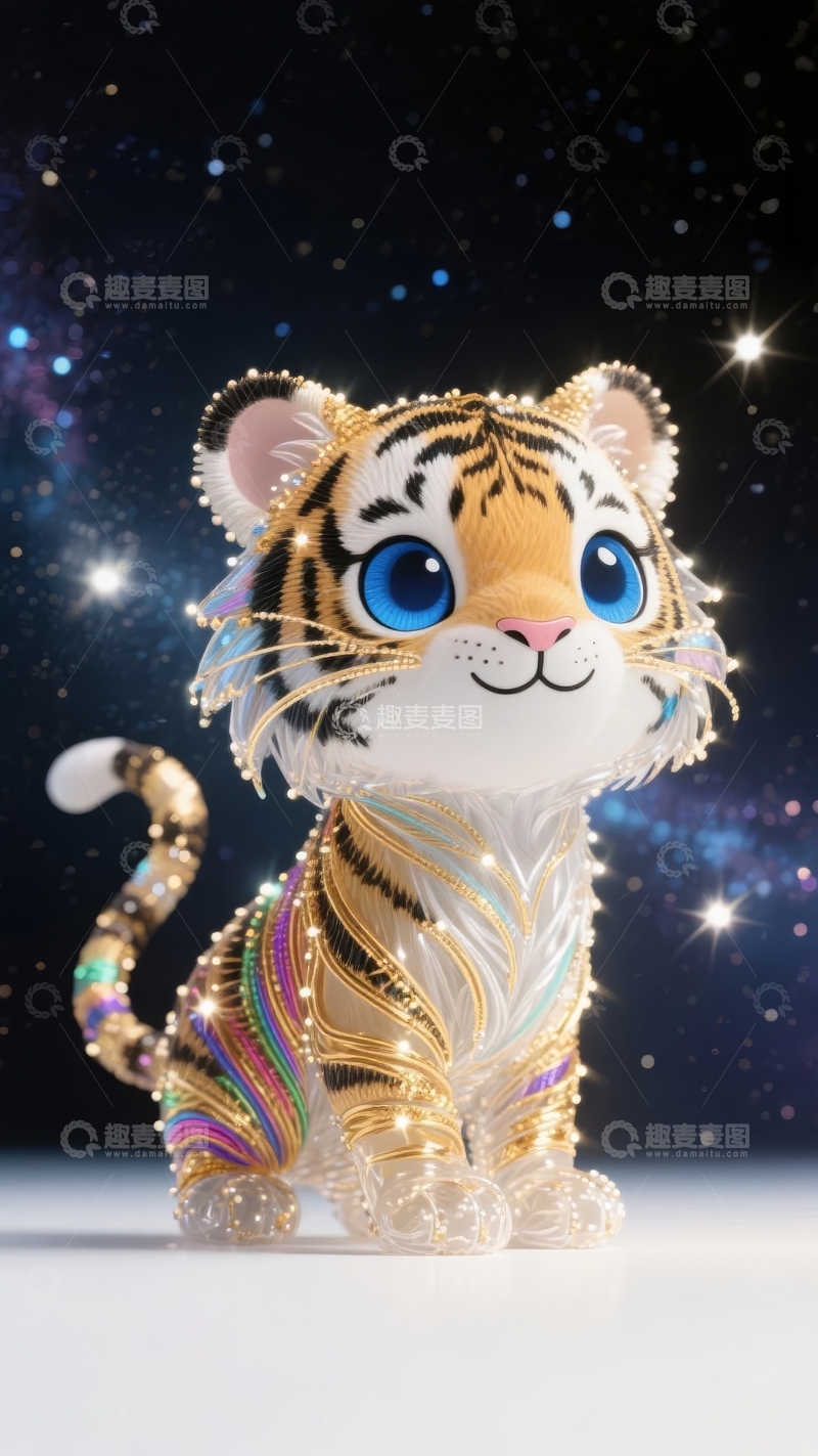 高清大图下载【趣麦麦图】璀璨星空背景下的华丽装饰小老虎玩偶