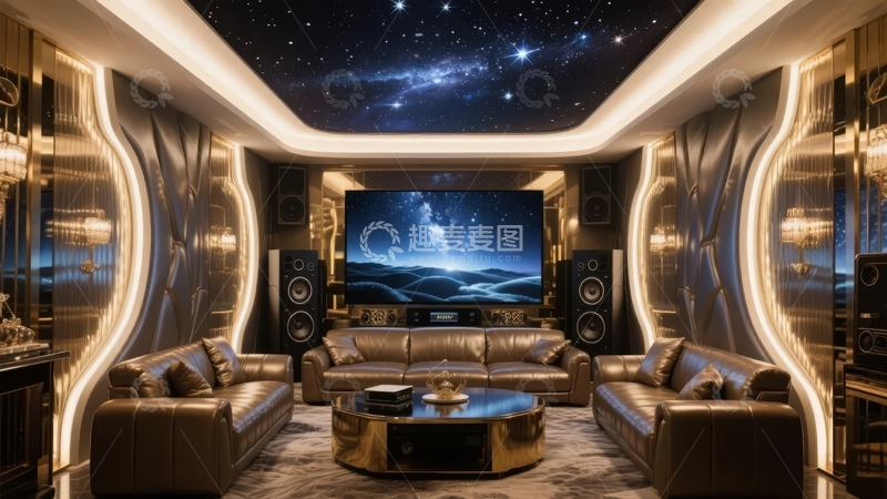 高清大图下载【趣麦麦图】豪华家庭影院室内设计配备大屏幕和环绕音响系统