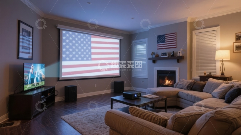 高清大图下载【趣麦麦图】现代客厅内展示美国国旗投影营造温馨氛围