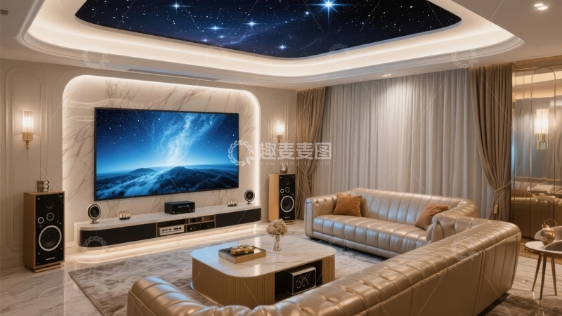 高清大图下载【趣麦麦图】现代豪华客厅配备大屏幕电视和舒适沙发