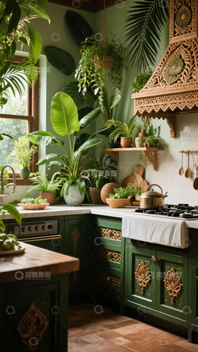 高清大图下载【趣麦麦图】热带植物环绕的复古风格厨房