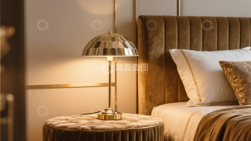 高清大图下载【趣麦麦图】温馨卧室一角台灯照亮床头软包床头板