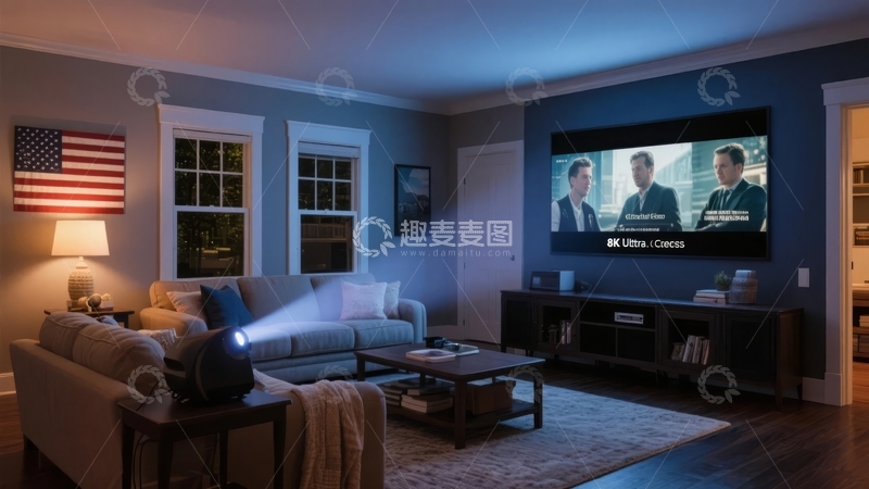 高清大图下载【趣麦麦图】现代客厅中投影仪播放电影的温馨场景