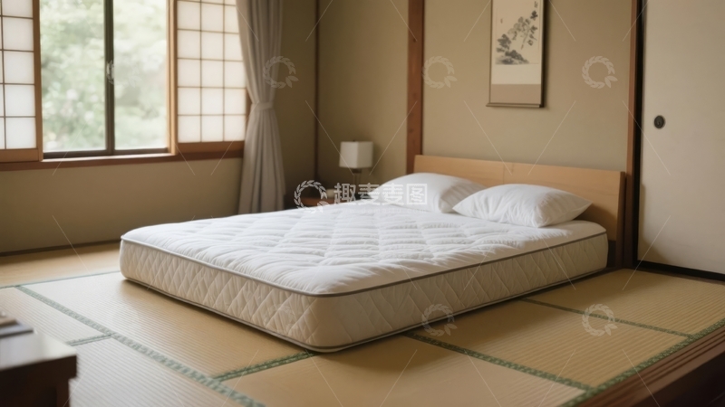 高清大图下载【趣麦麦图】日式风格卧室配备榻榻米床垫和木质床架