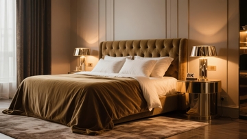豪华卧室中金色床品与温暖灯光营造舒适氛围