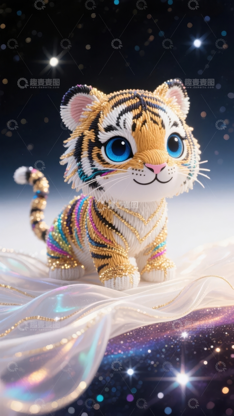 高清大图下载【趣麦麦图】星空背景下的彩色编织老虎玩偶