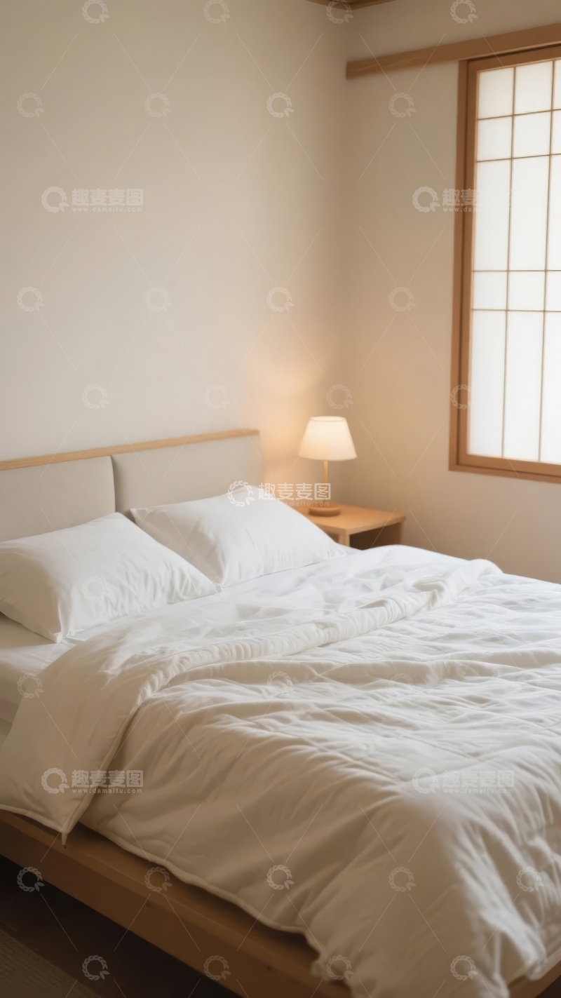 高清大图下载【趣麦麦图】简约日式风格卧室床铺整洁温馨