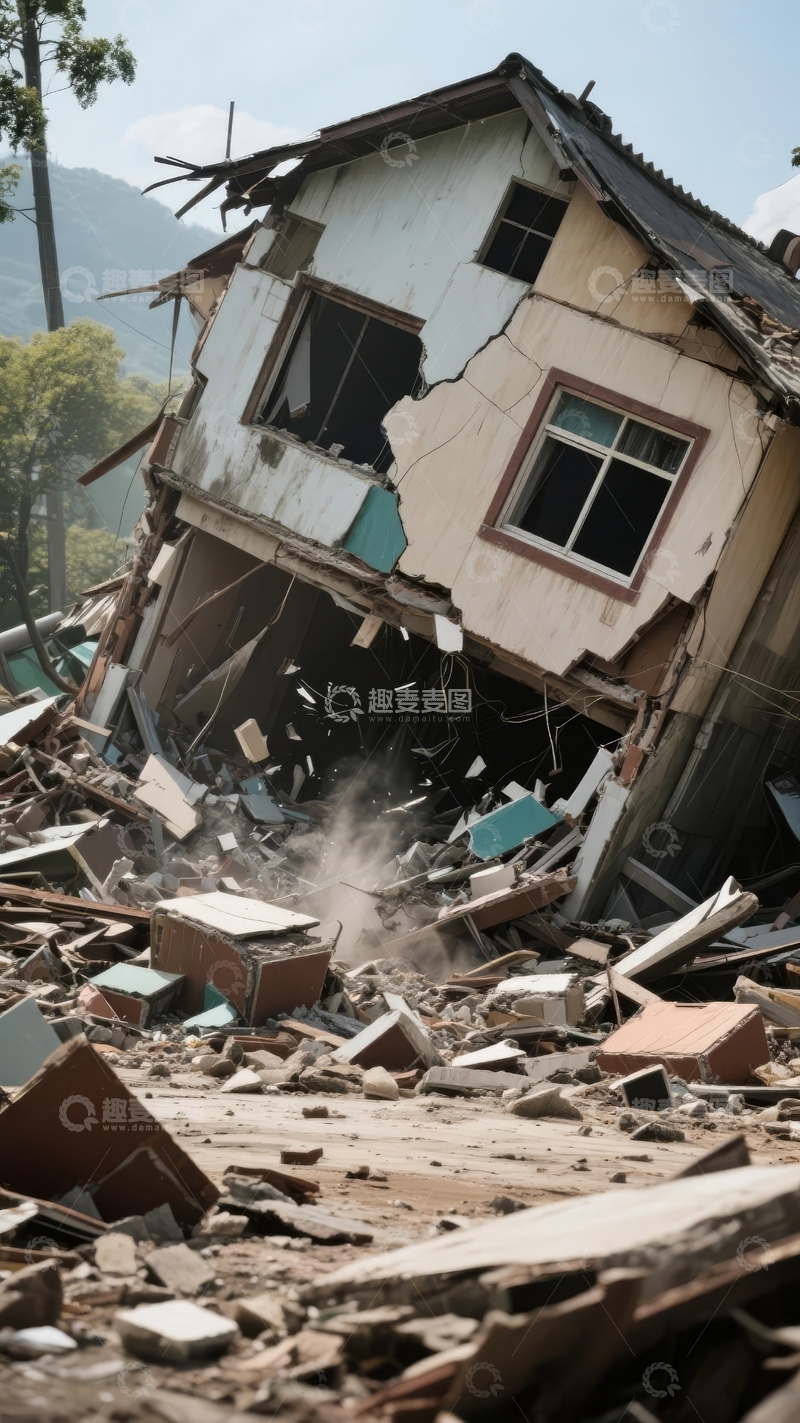 高清大图下载【趣麦麦图】地震后严重损毁的房屋现场