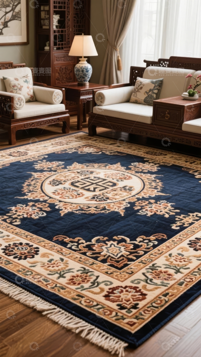 高清大图下载【趣麦麦图】-典雅中式客厅配深蓝花纹地毯