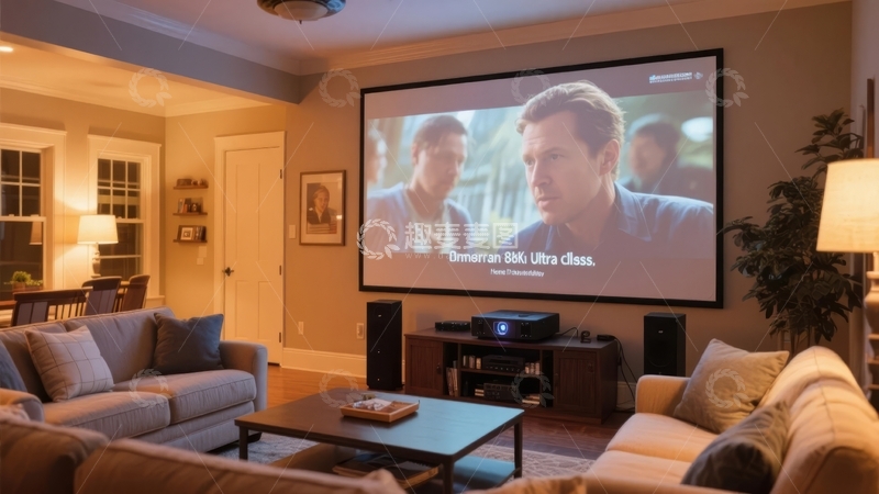 高清大图下载【趣麦麦图】客厅内多人观看大屏幕投影电影的场景