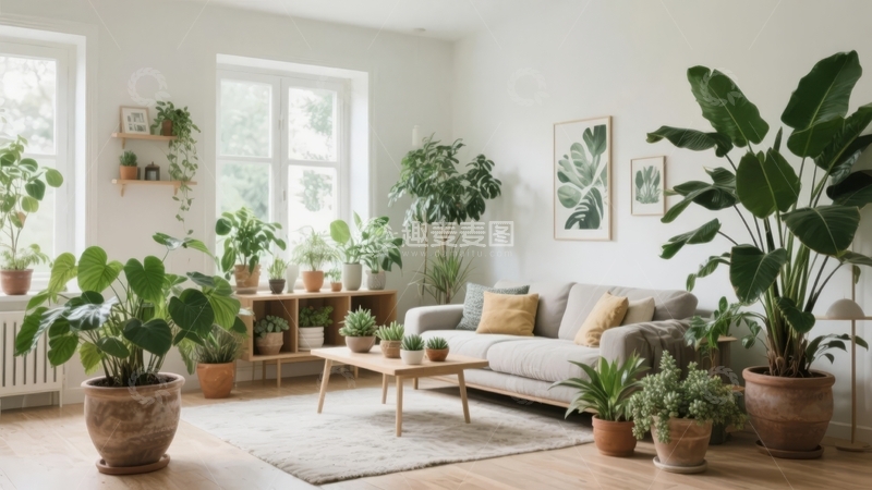 高清大图下载【趣麦麦图】明亮客厅内摆放着众多绿植营造出自然舒适的氛围