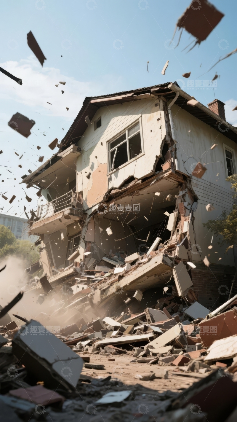 高清大图下载【趣麦麦图】房屋坍塌瞬间碎片飞溅