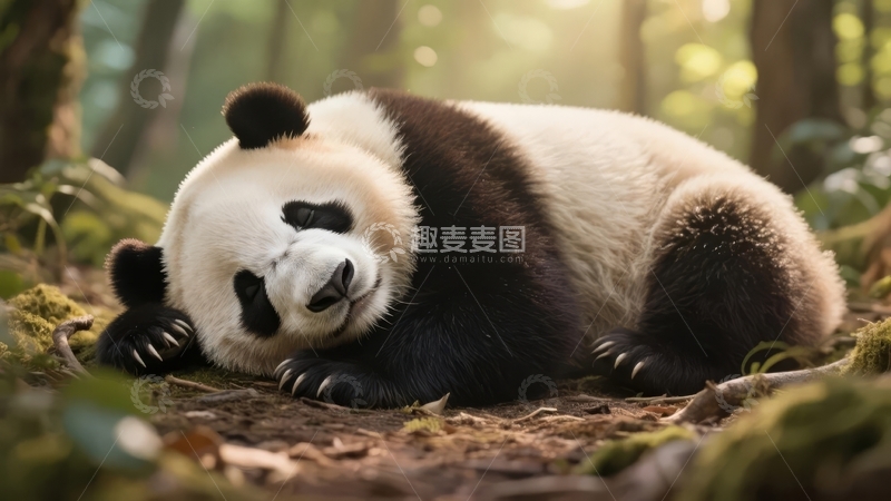 高清大图下载【趣麦麦图】一只大熊猫在林间地面上休息