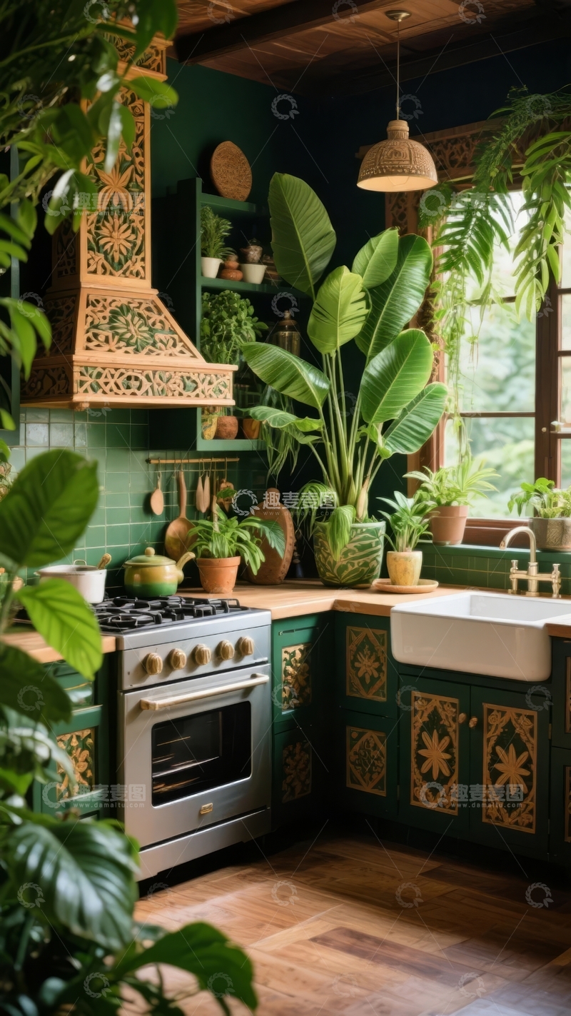 高清大图下载【趣麦麦图】绿意盎然的热带风格厨房装饰