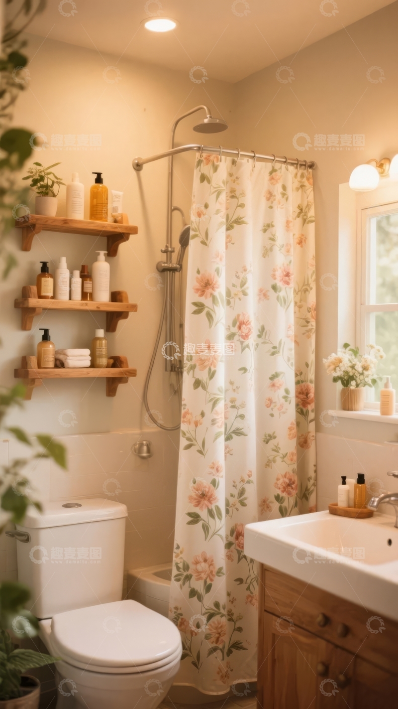 高清大图下载【趣麦麦图】温馨浴室配备淋浴帘洗手台和储物架