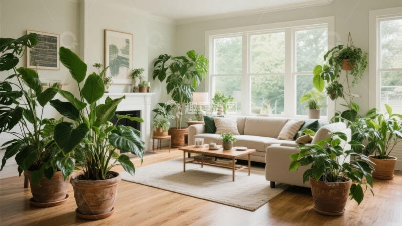 高清大图下载【趣麦麦图】明亮客厅内摆放着多盆绿植营造自然舒适氛围