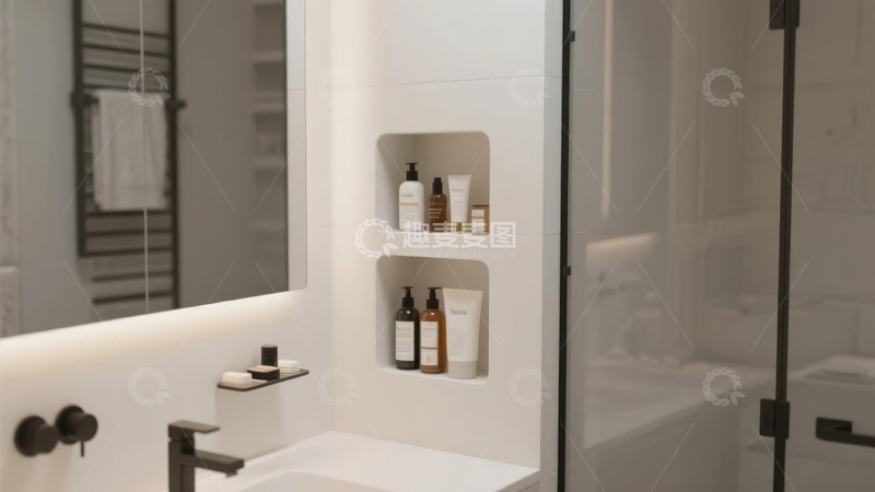高清大图下载【趣麦麦图】现代简约风格浴室设计包含嵌入式储物架和大镜子