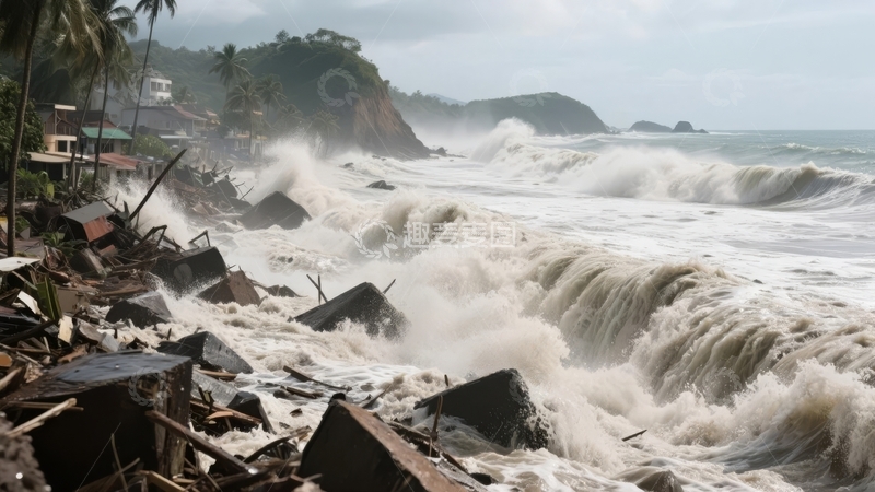 高清大图下载【趣麦麦图】海浪冲击海岸摧毁建筑残骸