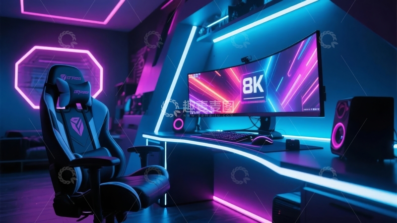 高清大图下载【趣麦麦图】科技感电竞房间内配备8K显示器和霓虹灯装饰