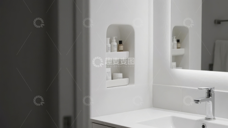 高清大图下载【趣麦麦图】现代简约风格浴室墙面嵌入式储物架与洗手台