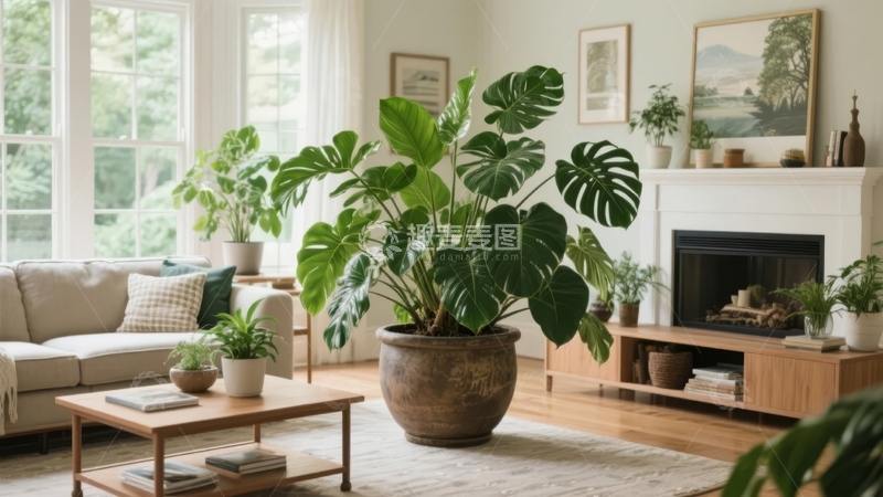 高清大图下载【趣麦麦图】明亮客厅中摆放着大型绿植和舒适沙发