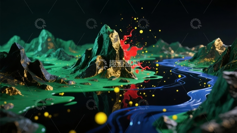 高清大图下载【趣麦麦图】奇幻色彩山峦与流动液体构成的抽象艺术景观