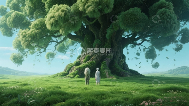 高清大图下载【趣麦麦图】两人在巨大绿树下漫步于翠绿草地