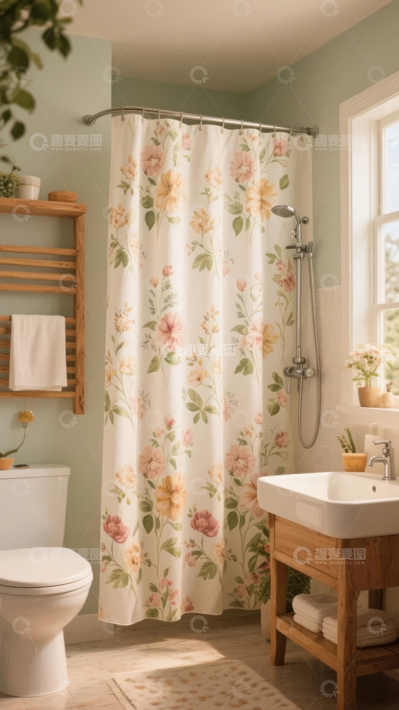 高清大图下载【趣麦麦图】装饰花卉图案浴帘的明亮浴室