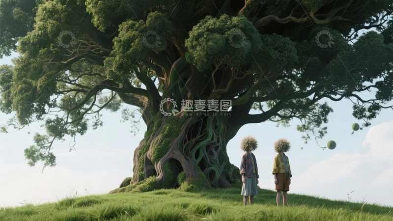 高清大图下载【趣麦麦图】两人在巨大绿树下草地上远眺
