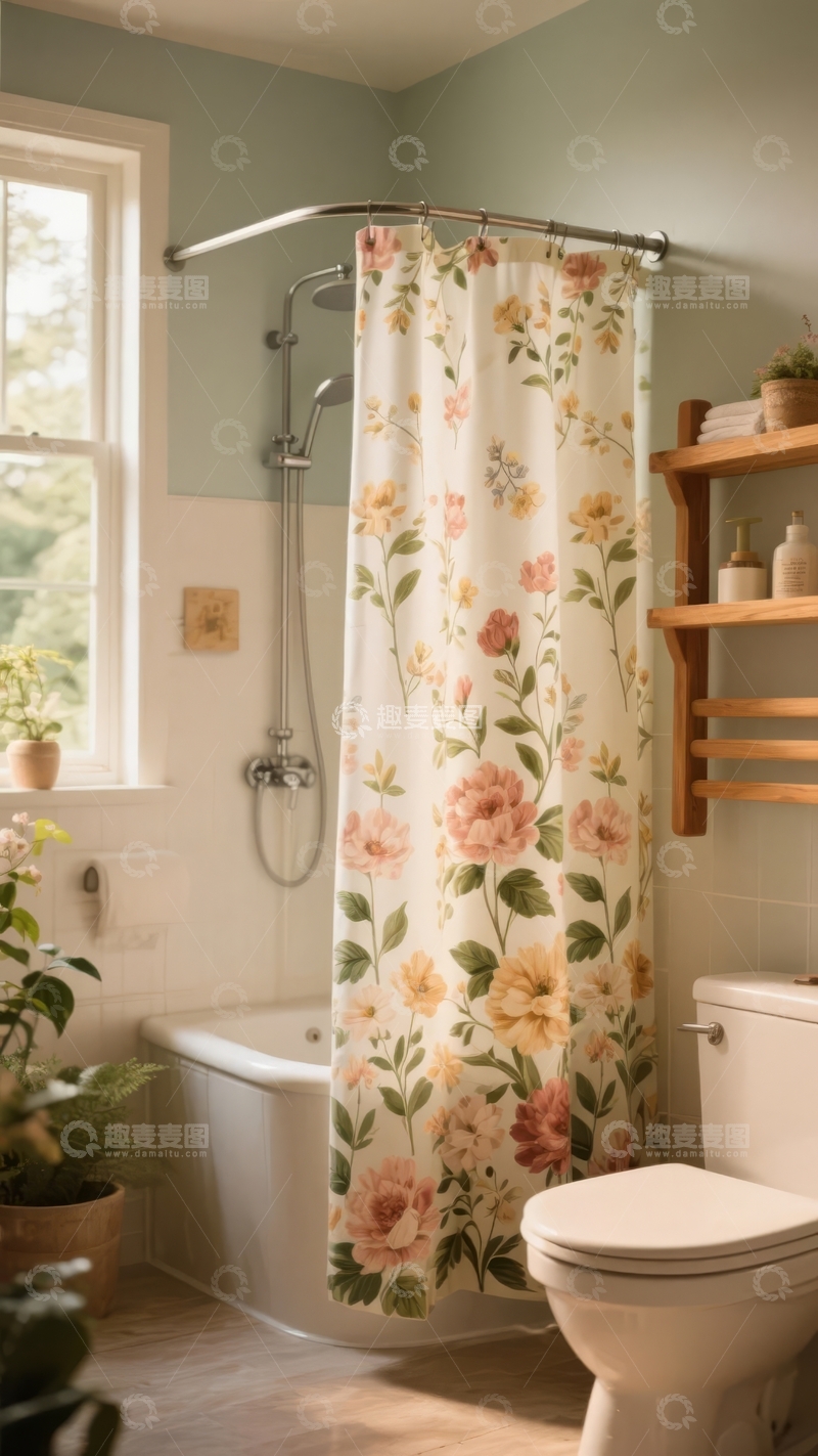 高清大图下载【趣麦麦图】带有花卉窗帘的温馨浴室内部装饰
