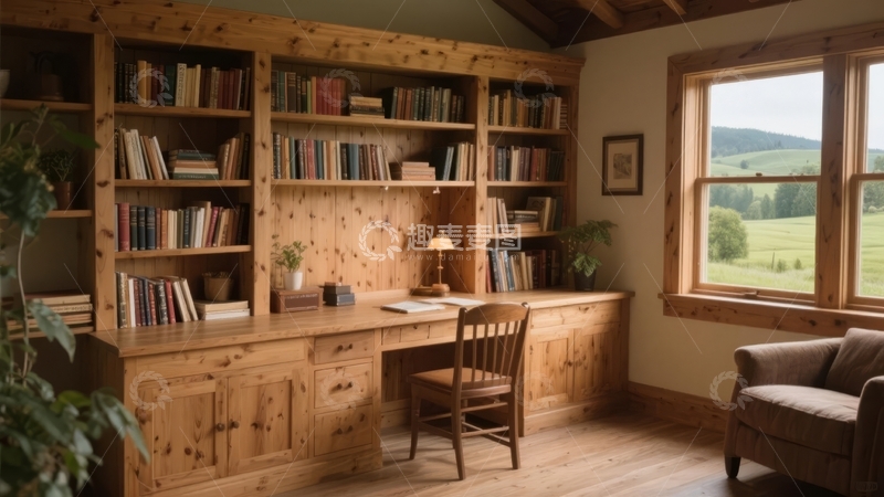 高清大图下载【趣麦麦图】书房内书架环绕书桌窗外风景宜人