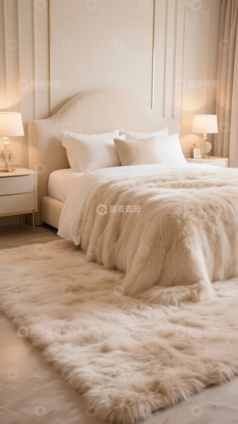 高清大图下载【趣麦麦图】温馨卧室中的米色床铺与毛绒装饰