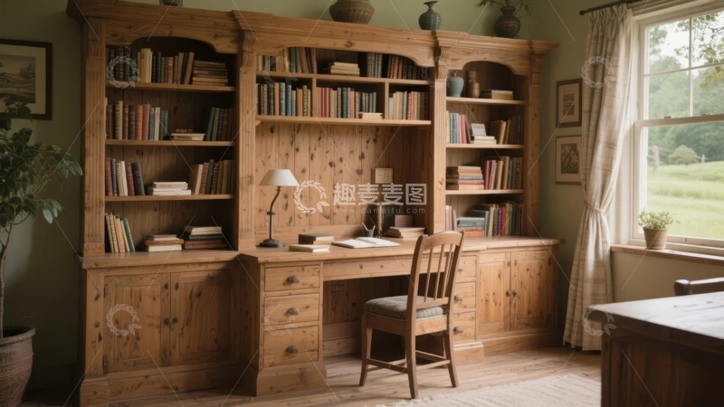 高清大图下载【趣麦麦图】古典风格书房内木质书柜与书桌组合