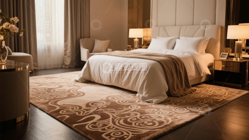 高清大图下载【趣麦麦图】豪华卧室布置温馨舒适配有大床地毯和床头灯