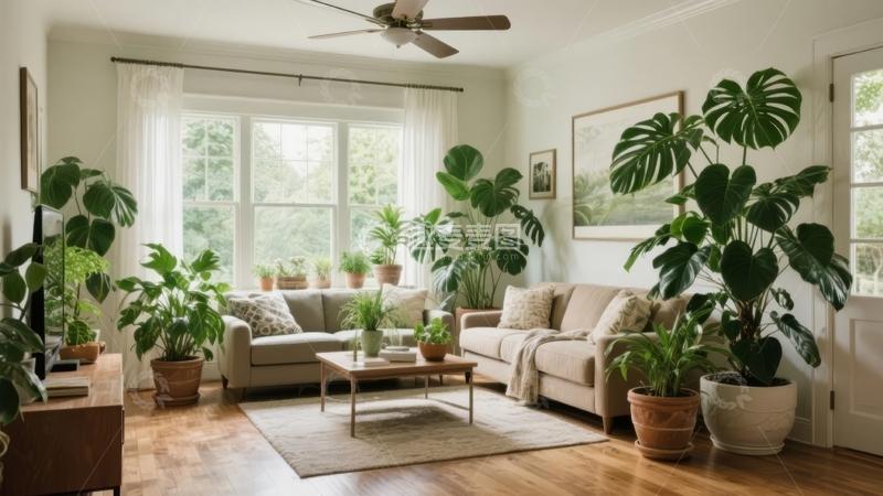 高清大图下载【趣麦麦图】明亮客厅内摆放多盆绿植营造自然舒适氛围