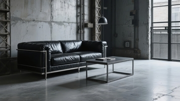 现代工业风客厅黑色皮质沙发与金属茶几