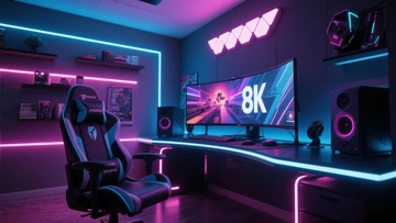 炫彩霓虹灯环绕的现代电竞游戏室