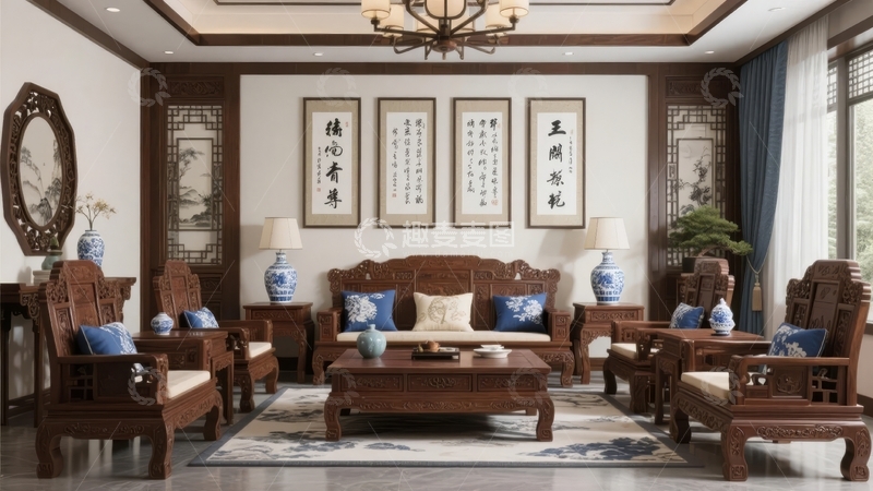 高清大图下载【趣麦麦图】典雅中式客厅布置木质家具配青花瓷装饰