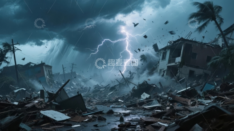 高清大图下载【趣麦麦图】雷电交加摧毁建筑引发废墟场景