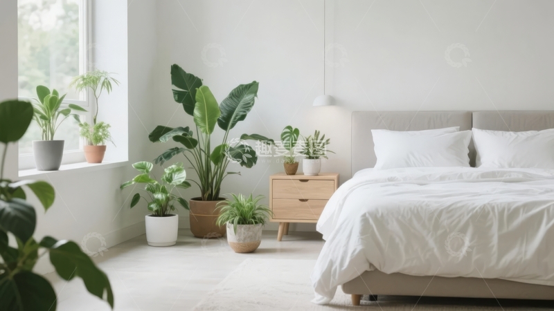 高清大图下载【趣麦麦图】现代简约卧室摆放多盆绿植营造自然舒适氛围