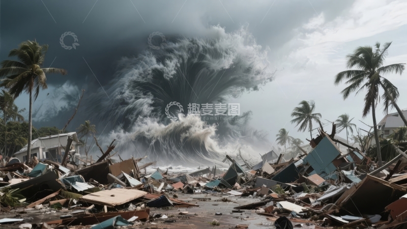 高清大图下载【趣麦麦图】巨浪摧毁房屋棕榈树摇曳的灾难现场