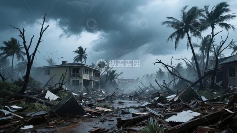 高清大图下载【趣麦麦图】飓风过后废墟满地棕榈树摇曳